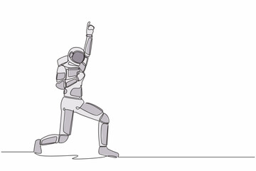 Poster - Continuous one line drawing happy astronaut standing with raise one hand and the other hand pose yes. Successful in space company. Cosmonaut outer space. Single line graphic design vector illustration
