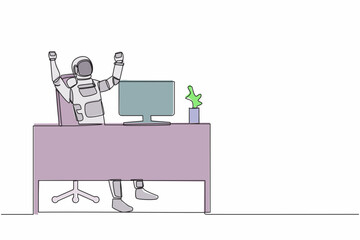 Fototapete - Single one line drawing happy astronaut sitting with raised hands near desk computer. Successful launch spaceship rocket. Cosmic galaxy space. Continuous line draw graphic design vector illustration