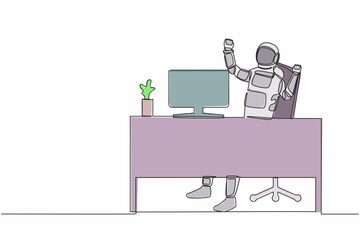 Poster - Continuous one line drawing happy astronaut sitting on workplace with raised hands. Mission accomplished in galactic exploration. Cosmonaut outer space. Single line graphic design vector illustration