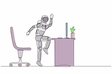 Poster - Single continuous line drawing happy astronaut jumping and dancing on his computer desk. Celebrating success space exploration. Cosmonaut deep space. One line draw graphic design vector illustration