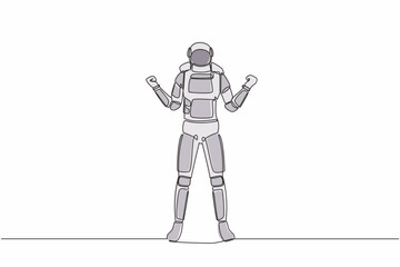 Poster - Single one line drawing happy astronaut standing with both hands yes gesture. Celebrating successful interstellar exploration. Cosmic galaxy space. Continuous line graphic design vector illustration