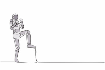 Poster - Single one line drawing young astronaut standing with raised one leg and doing yes gesture. Happy successful planet exploration. Cosmic galaxy space. Continuous line graphic design vector illustration