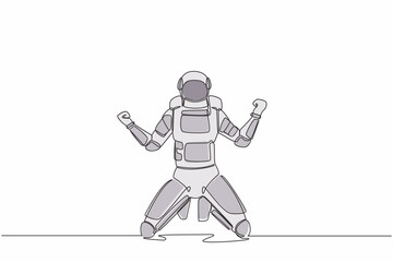Poster - Continuous one line drawing happy astronaut kneeling with both hands yes gesture, celebrating success in orbital adventure. Cosmonaut outer space. Single line draw graphic design vector illustration