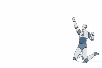 Poster - Continuous one line drawing happy robot kneeling with raised one hand high and raised other. Humanoid cybernetic organism. Future robot development. Single line draw graphic design vector illustration