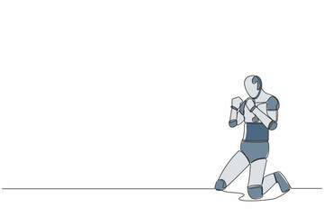 Poster - Single one line drawing of happy robot kneeling with both hands yes gesture. Success business goal target. Artificial intelligence. Technology industry. Continuous line draw design vector illustration