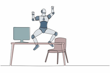 Wall Mural - Single continuous line happy robot jumping with raised hands near desk workplace. Modern robotic development. Artificial intelligence machine learning process. One line draw design vector illustration