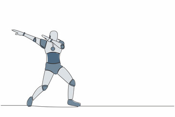 Poster - Single continuous line happy robot standing with crossing arms and look down. Future robotic development. Artificial intelligence machine learning process. One line design vector graphic illustration