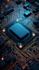 Fototapete - A macro image of processor or graphic card and electronic circuit, technological device storing memory, hardware close-up, neon led lights. Abstract background of digital computing system. vertical