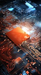 Fototapete - A macro image of processor or graphic card and electronic circuit, technological device storing memory, hardware close-up, neon led lights. Abstract background of digital computing system. vertical