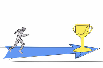 Poster - Continuous one line drawing astronaut running to reach golden trophy. Space scientist direction to get intellectual purpose. Cosmonaut outer space. Single line draw graphic design vector illustration