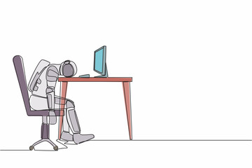 Poster - Continuous one line drawing exhausted young astronaut sitting with head down on desk. Tired spaceman after space exploration. Cosmonaut outer space. Single line draw graphic design vector illustration