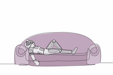 Poster - Single continuous line drawing depressed astronaut holding his head lying on sofa. Stressed and anxiety on space journey failure. Cosmonaut deep space. One line draw graphic design vector illustration
