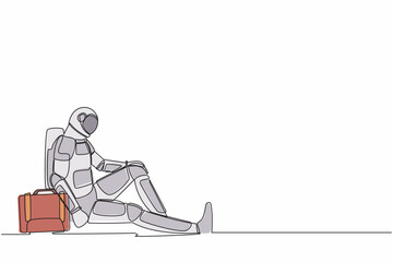 Poster - Single continuous line drawing astronaut with briefcase sitting in despair on the floor. Sad expression due to planet discovery failure. Cosmonaut deep space. One line draw design vector illustration