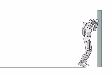 Poster - Continuous one line drawing of astronaut depressed with wailing on the wall, crying sad lost opportunity in spacecraft expedition. Cosmonaut outer space. Single line graphic design vector illustration