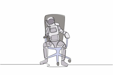 Poster - Single continuous line drawing young astronaut sitting at office chair, feeling stressed due to wormhole spaceship expedition failure. Cosmonaut deep space. One line graphic design vector illustration