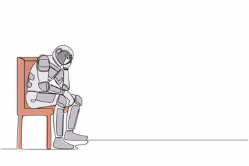 Poster - Single continuous line drawing of depressed astronaut hold his head sitting on chair. Regret on galactic journey mission mistake. Cosmonaut deep space. One line draw graphic design vector illustration