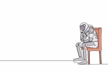 Poster - Continuous one line drawing depressed astronaut sitting on chair thinking about paying bills spaceship company during crisis. Cosmonaut outer space. Single line draw graphic design vector illustration