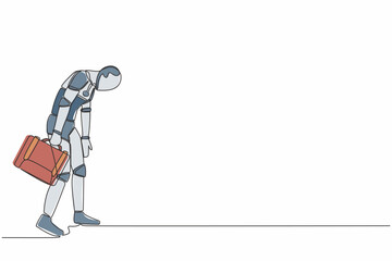 Poster - Single one line drawing robot looking down, holding briefcase. Bankruptcy on global economic recession. Robotic artificial intelligence. Tech industry. Continuous line draw design vector illustration