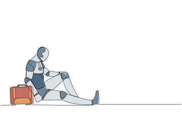 Poster - Continuous one line drawing depressed robot with briefcase sitting in despair on the floor. Sad gesture expression. Humanoid cybernetic organism. Future robotic. Single line design vector illustration
