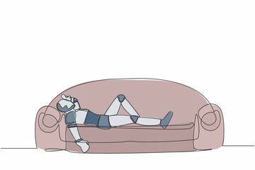 Poster - Continuous one line drawing of frustrated robot holding his head lying on sofa. Stressed and anxiety on failure. Humanoid robot cybernetic organism. Single line draw graphic design vector illustration