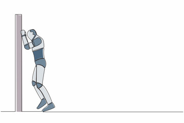 Poster - Single continuous line drawing robot crying sad lost opportunity. Depressed with wailing on the wall losing job. Future technology. Machine learning process. One line draw design vector illustration