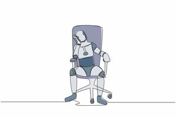 Poster - single one line drawing robot sitting at office chair, feeling stressed, alone. robotic artificial i