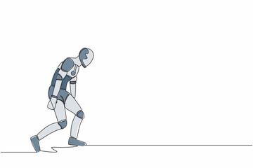 Poster - single continuous line drawing sad robot bowed down. feeling lonely and having mental pressure or st