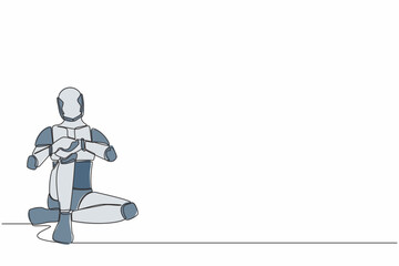 Poster - Continuous one line drawing sad robot sitting alone on the floor. Depressed, disorder, sorrow. Humanoid cybernetic organism. Future robotic development. Single line design vector graphic illustration