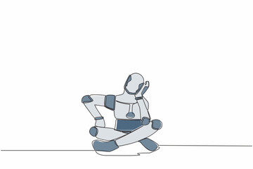 Poster - Single one line drawing robot sitting with support his head and confused because get into problem. Robotic artificial intelligence. Technology industry. Continuous line draw design vector illustration