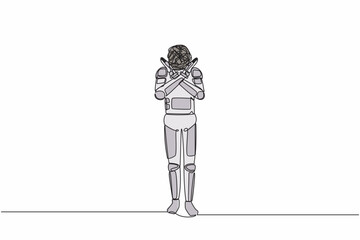 Poster - Continuous one line drawing young astronaut with round scribbles instead of ahead, making x symbol, crossing hands, rejection, displeased. Cosmonaut outer space. Single line design vector illustration