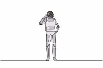 Poster - Continuous one line drawing young astronaut with round scribbles instead of head, showing thumbs up sign. Deal, like, accept. Cosmonaut outer space. Single line draw graphic design vector illustration