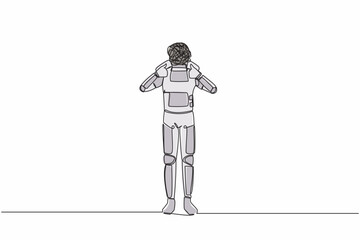 Poster - Single continuous line drawing astronaut with round scribbles instead of head. Confused spaceman showing thumb up. Deal, like, agree. Cosmonaut deep space. One line graphic design vector illustration