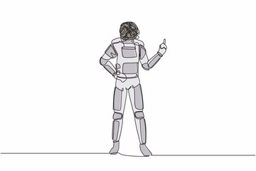 Poster - Single continuous line drawing astronaut with round scribbles instead of head, standing showing threatening gesture with clenched fist. Cosmonaut deep space. One line draw design vector illustration