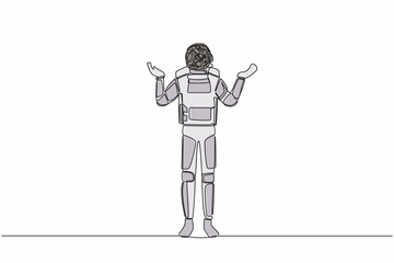 Poster - Single continuous line drawing of young astronaut with round scribble instead of head, standing with two hand raised asking questions. Cosmonaut deep space. One line graphic design vector illustration
