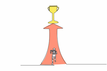 Poster - single one line drawing back view young astronaut running and reach for trophy. ability to win in sp