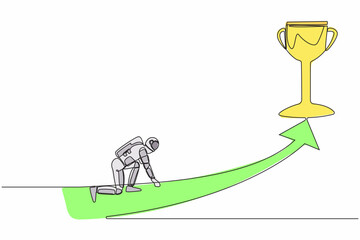 Poster - continuous one line drawing young astronaut get ready to sprint run and get trophy. planning in spac