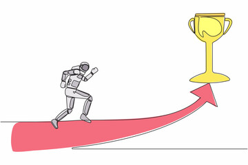 Poster - Continuous one line drawing astronaut running on forward arrow to get trophy in moon surface. Race for future starship development. Cosmonaut outer space. Single line draw design vector illustration