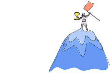Poster - Single one line drawing astronaut lifting up trophy and flag on top of mountain. Win and reach goal in spaceship industry. Cosmic galaxy space. Continuous line draw graphic design vector illustration