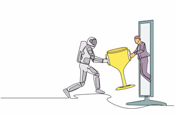 Poster - Single continuous line drawing male giving trophy to astronaut from monitor screen. Winning and achievement in spaceship competition. Cosmonaut deep space. One line graphic design vector illustration
