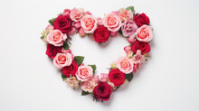 The Heart Shape Made Of Red And Pink Roses On A White Background. 