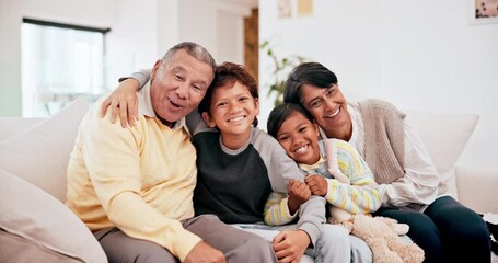 Wall Mural - Face of family, grandparents and children happy together on the sofa in a living room of their home for visit. Portrait of a senior man and women with kids on a couch with a smile, love and care