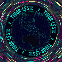 Poster - Timor-Leste on globe. Satellite view of the world centered on Timor-Leste. Bright neon style. Futuristic radial bricks background. Beautiful vector illustration.