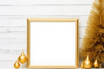 Wall Mural - blank white golden picture frame in a festive christmas setting - mockup template