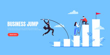 Businessman Jumps Pole Vault Over Graph Bars Flat Style Design Vector Illustration.