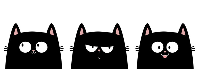 Sticker - Black cat kitten kitty icon banner set. Sad, happy, surprised emotion. Cute kawaii cartoon character. Happy Valentines Day. Greeting card, tshirt, sticker print template. White background. Flat design