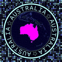 Poster - Australia on globe vector. Futuristic satelite view of the world centered to Australia. Geographical illustration with shape of country and squares background. Bright neon colors on dark background.