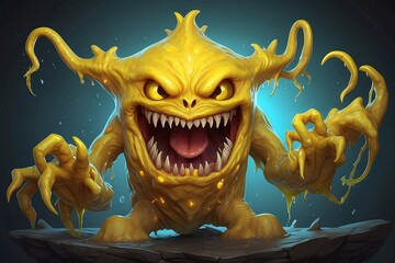 Sticker - A picture of detailed yellow slime monster with a scary smile.