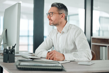 Aufkleber - Businessman, computer and thinking on email, reading and analysis for information, research and work. Mature business person, technology and planning for project, notebook and future company growth