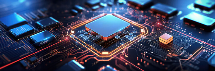 Poster - closeup of an advanced GPU ram microchip or cpu of a powerful computer board for artificial intelligence technology as wide banner design with copy space area futuristic background mockup