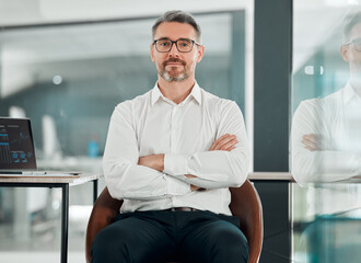 Poster - Crossed arms, serious and portrait of businessman in the office with confidence and leadership. Professional, handsome and mature male financial accountant from Australia in modern workplace.